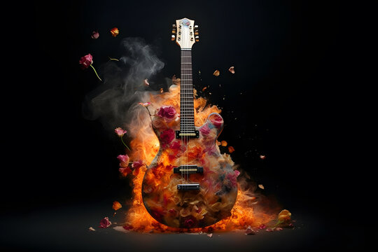 Abstract composition with a guitar and flowers on a dark background. Neural network AI generated art Generative AI