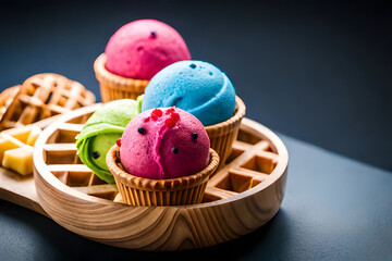 Set of bowls with various colorful Ice Cream scoops with different flavors dressing with fresh ingredients