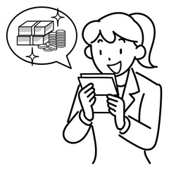 通帳を見て喜ぶビジネスウーマンの上半身