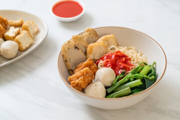 egg noodles with fish balls and shrimp balls in pink sauce, Yen Ta Four or Yen Ta Fo