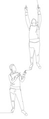 One continuous line of Male pointing with finger at another man. Thin Line Illustration vector concept. Contour Drawing Creative ideas.