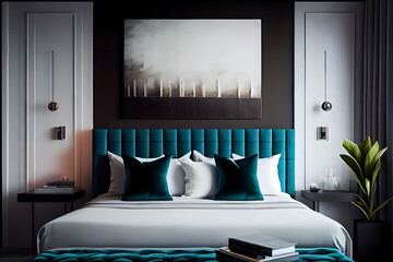 Luxury bedroom interior design with blue and green pillows on the bed. AI Generative