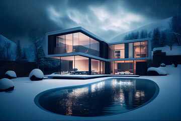 modern cozy house with a swimming pool. Cool winter night with shiny white snow. AI Generative