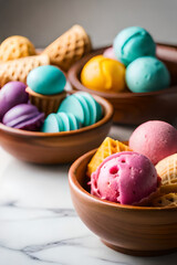 Obraz na płótnie Canvas Set of bowls with various colorful Ice Cream scoops with different flavors dressing with fresh ingredients