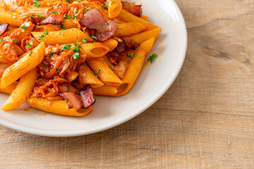 stir-fried penne pasta with kimchi and bacon
