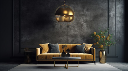 Luxurious Art Deco Living Room Interior Design Concept with Moody Concrete Walls, Gold Accessories, Plants and Modern Furnishings - Generative AI