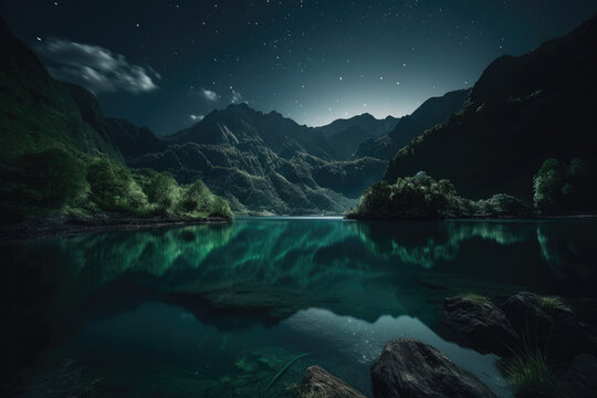 山と湖、夜、Mountains and lakes、night