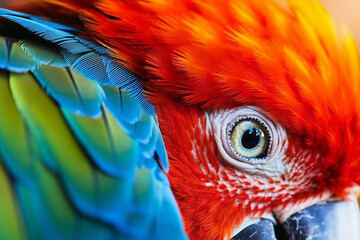 Close up on the eye of a very brightly colored parrot, exotic bird