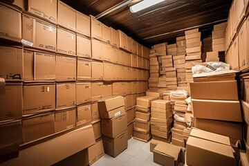 Storage Room with Stacked Cardboard Boxes, Generative AI