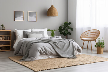 modern  simple Nordic Bedroom with Gray Linen Bedding and Woven Rug, Generative AI