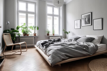 Simple Nordic Bedroom with Gray Linen Bedding and Woven Rug, Generative AI