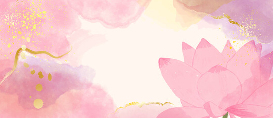 Luxury pink wallpaper design with lotus flowers, line art, golden texture. Floral vector watercolor background. Elegant gold blossom flowers illustration for fabric, prints, cover.