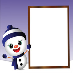 Little cute smiling cartoon snowman with scarf and woolen cap holding blank banner ,poster for text. vector illustration vector art