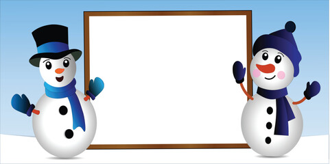 Happy smiling snowman standing a blank sign showing on big blank sign. Cartoon snowman character with white copy space. 
