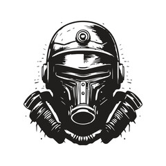 sci fi army wearing helmet, vintage logo line art concept black and white color, hand drawn illustration © Artcuboy