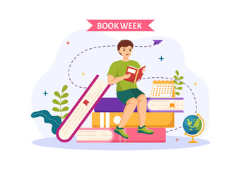 Book Week Events Vector Illustration with People Reading or Students Study Textbooks in Flat Cartoon Hand Drawn Landing Page Templates