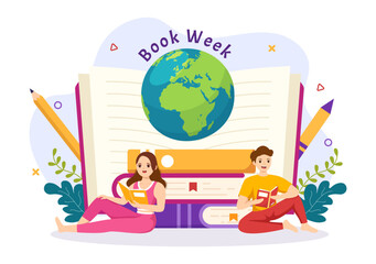 Book Week Events Vector Illustration with People Reading or Students Study Textbooks in Flat Cartoon Hand Drawn Landing Page Templates