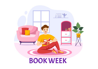 Book Week Events Vector Illustration with People Reading or Students Study Textbooks in Flat Cartoon Hand Drawn Landing Page Templates