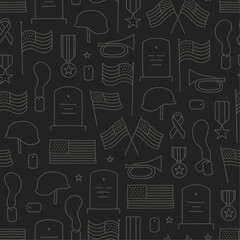 Memorial day themed hand drawn seamless pattern with american flags with black background