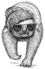 Vintage engraving isolated honey badger set glasses dressed fashion illustration ink costume cut sketch. Ratel background tropical animal silhouette sunglasses hipster hat art. Hand drawn image.