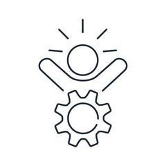 Joyful man and gear. Technical discovery, solution. Vector linear icon isolated on white background.