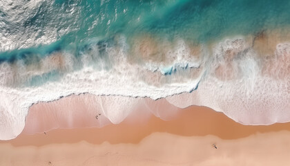 Fototapeta na wymiar Beautiful beach, waves with white foams on flat sand. Top down aerial view. Generative AI