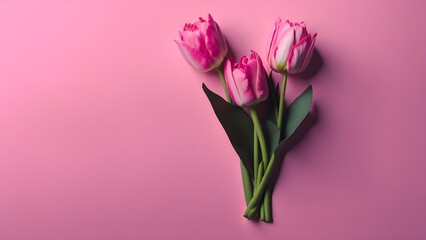 Pink tulips. Great pink background with flowering branches. Graphic piece for Mother's Day. Background image for women's day.