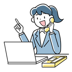 パソコンを見ながら笑顔で電話対応するビジネスウーマン