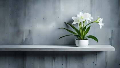 Fresh eucharis flowers in pot isolated on gray concrete wall with copy space