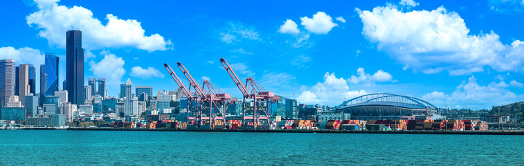 International cargo and freight docked in Seattle port terminals.