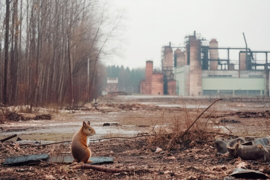 A squirrel stands in a logged forest in front of a factory.