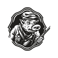 boar soldier, vintage logo line art concept black and white color, hand drawn illustration