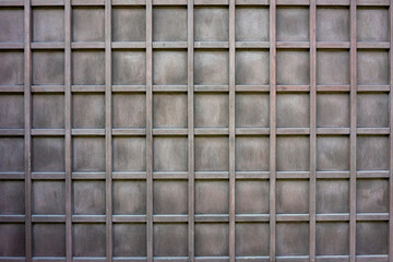 Solid texture of a thick gray-brown wooden door with square tiles. symmetrical wood background.