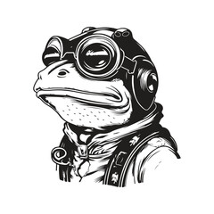frog zepplin pilot, vintage logo line art concept black and white color, hand drawn illustration