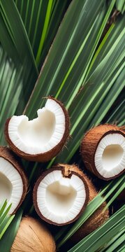 Cut and broken coconuts on palm leaves. Coconut leaves. Coastal tropical fruit. coconut pieces. palm of coconuts milk