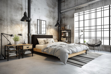 interior of a room Stylish Modern Loft Bedroom with Industrial Elements, Generative AI