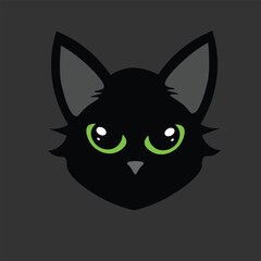  Black cat face with big eyes in night. Cat face with green eyes. Front view. Vector Illustration.