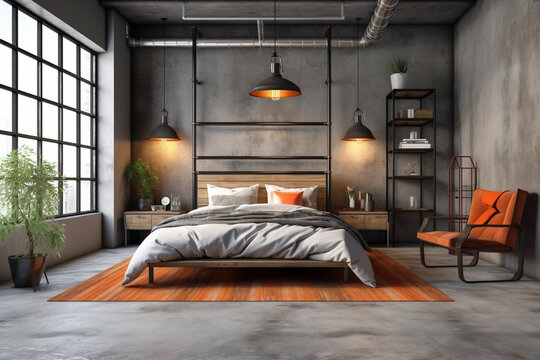 Stylish Modern Loft Bedroom with Industrial Elements, Generative AI