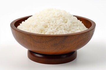 Fototapeta na wymiar simple wooden bowl filled with white rice on a plain white background Generative AI