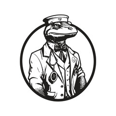 lizard physician, vintage logo line art concept black and white color, hand drawn illustration