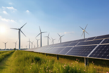 Solar panels and wind turbines in the fields.