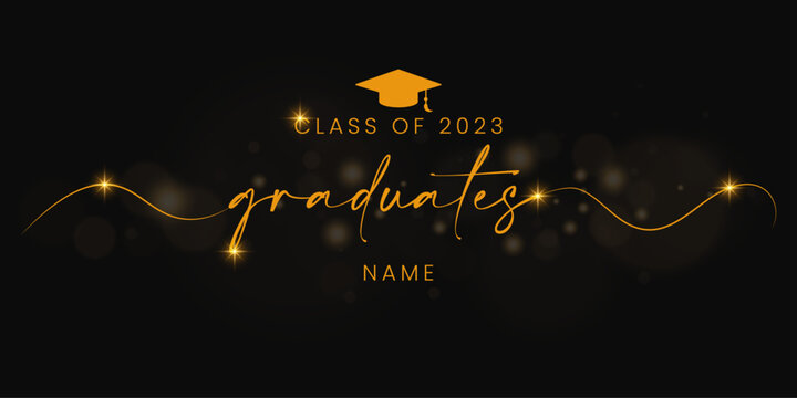 Graduation greeting vector background design. Congrats graduates class of 2023 text with mortarboard cap and gold flare for graduation ceremony messages. Vector illustration.