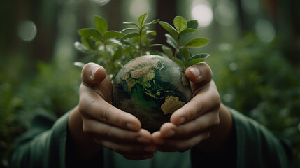 Protecting Our Planet, Hand Holding Earth Globe on Green Background