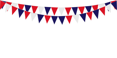 Bunting Hanging Red White Blue Flags Triangles Garland Banner Background. United State of America, France, Thailand, New Zealand, Netherlands, British, Great Britain, USA