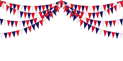 Obraz premium Bunting Hanging Red White Blue Flags Triangles Garland Banner Background. United State of America, France, Thailand, New Zealand, Netherlands, British, Great Britain, USA