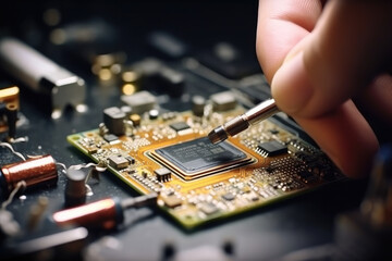The technical worker is repairing the computer motherboard.