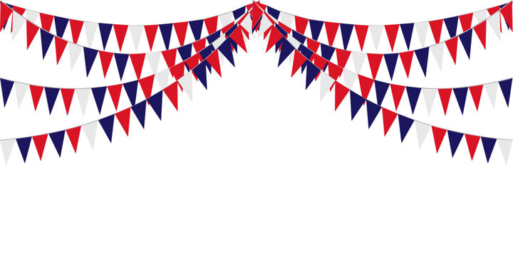 Bunting Hanging Red White Blue Flags Triangles Garland Banner Background. United State of America, France, Thailand, New Zealand, Netherlands, British, Great Britain, USA