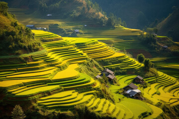 Terraced fields are being prepared for harvesting in the Asian region.