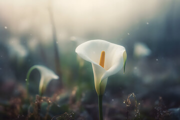 Calla lily flowers in botanical garden. Neural network AI generated art Generative AI