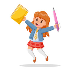 Fototapeta premium Cute cartoon girl wearing school uniform jumping while holding book and pen. Vector illustration